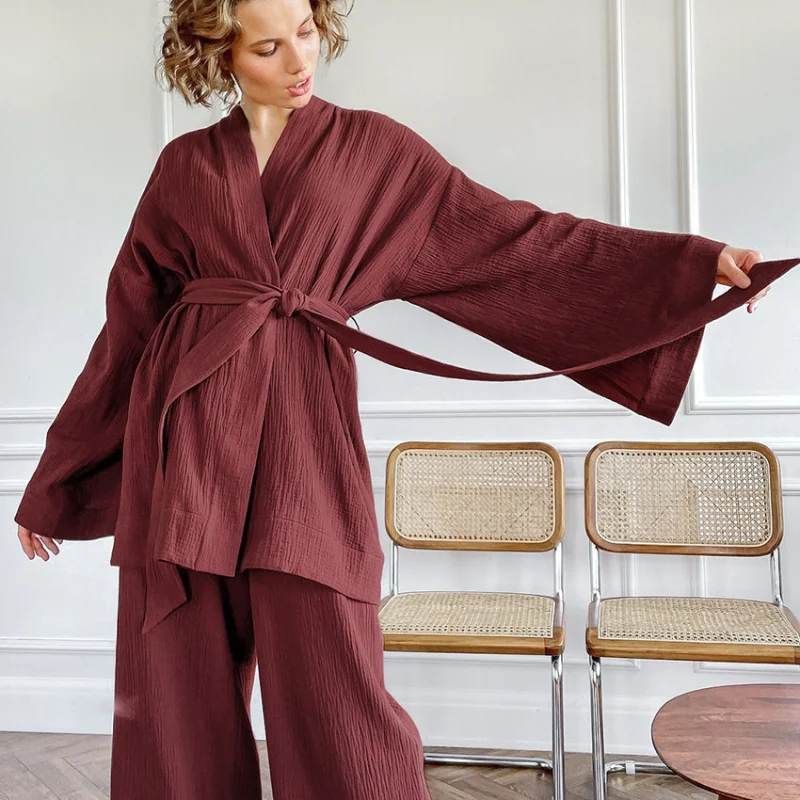 High Quality Pure Cotton Pajama Sets Cardigan Women's Home Clothes Loose Long Sleeve Trousers Loungewear Solid Color Sleepwear