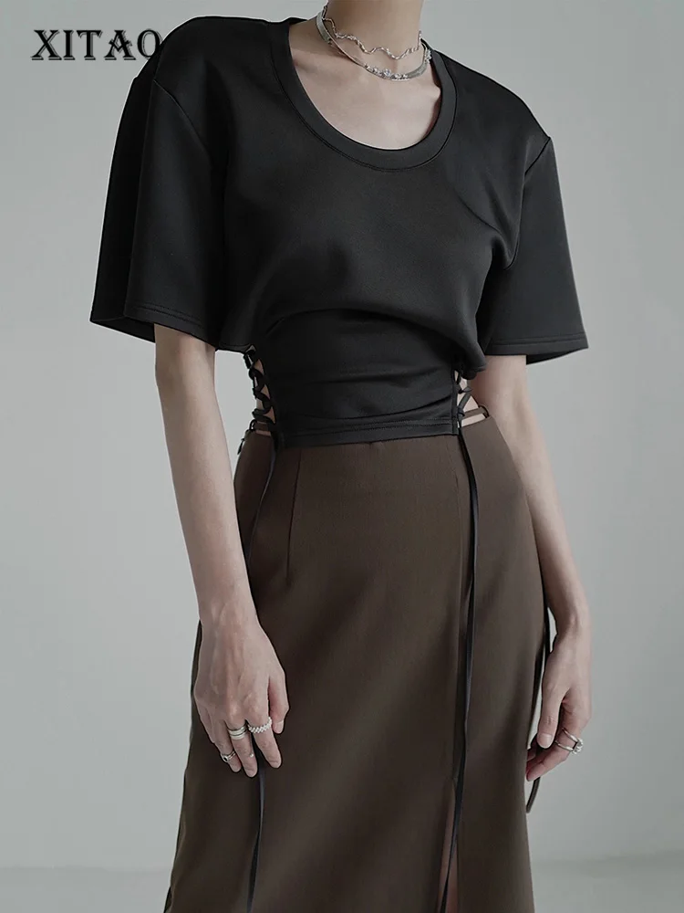 

XITAO Fashion Show Waist Bandage T-shirt Fashion Casual Solid Color Simple Temperament All-match New Arrival Women WMD6658