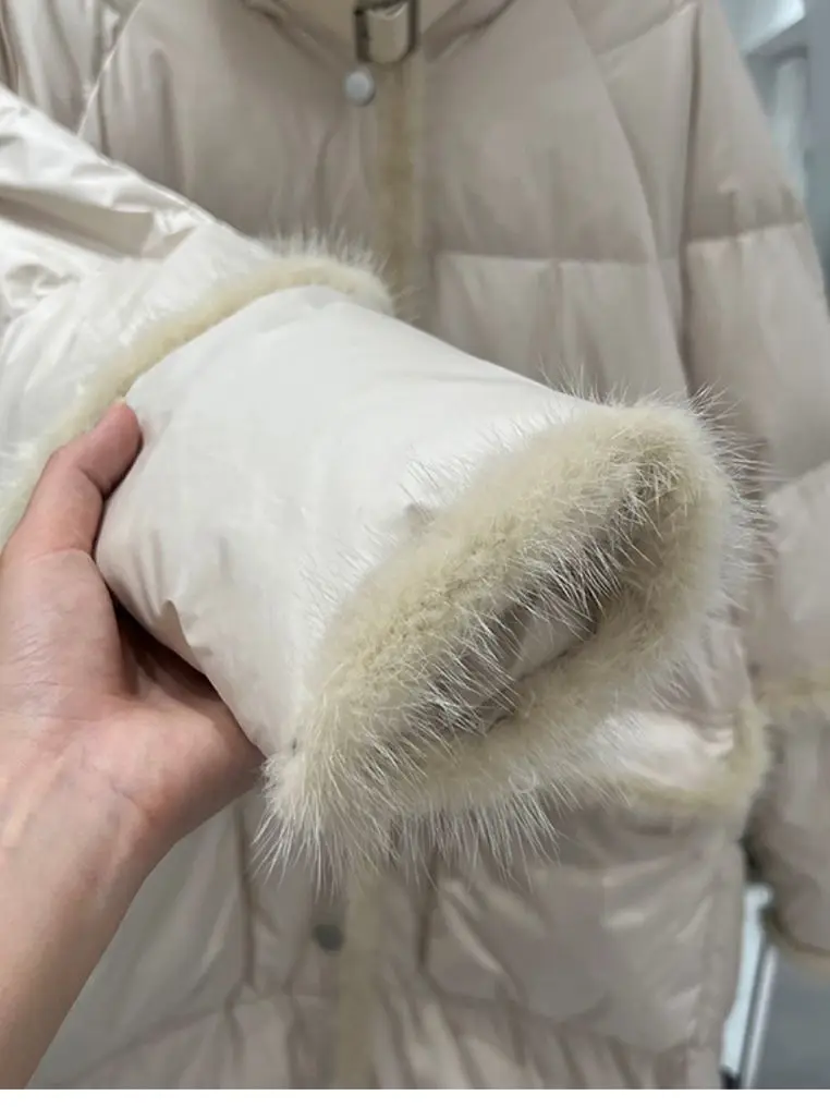 Women Patchwork Mink Hair Long Down Jacket New Casual Style  Autumn Winter White Duck Down Coats And Parkas Female Outwear