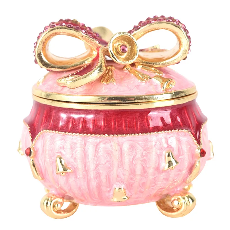 

Hand Painted Enameled Pink Gift Box Figurines Hinged Jewelry Trinket Box Collectibles Ring Holder Case Home Decor Crafts