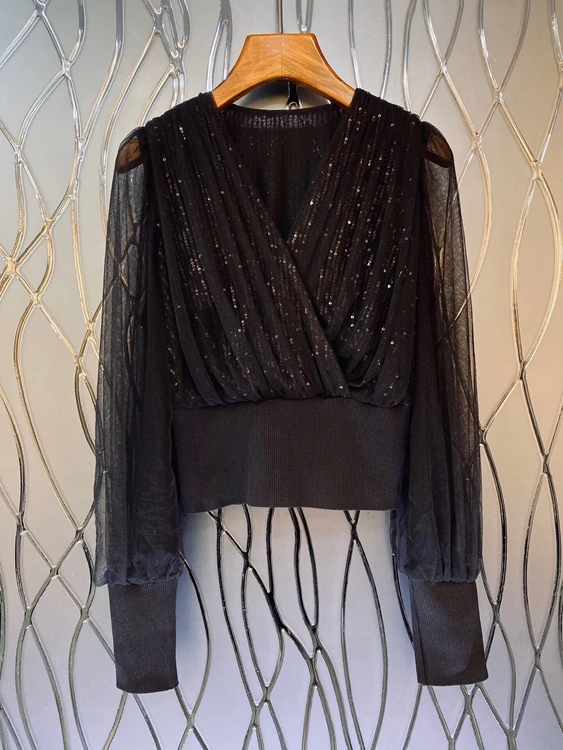 

2023 new women fashion long sleeves sexy casual V-neck see-through yarn sleeves sequins sexy top 0723