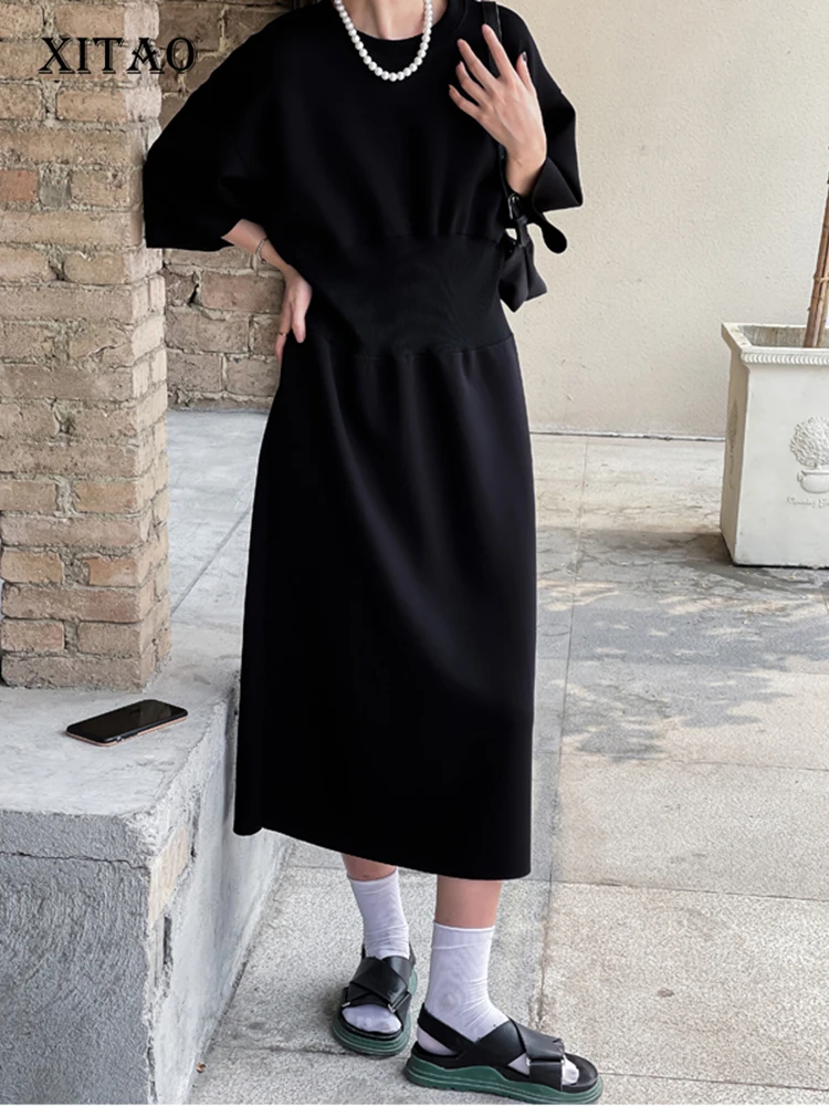 

XITAO Black Dress Fashion Patchwork Hollow Out Goddess Fan Casual Pleated Pullover Pleated 2022 Summer Minority Dress WLD7388