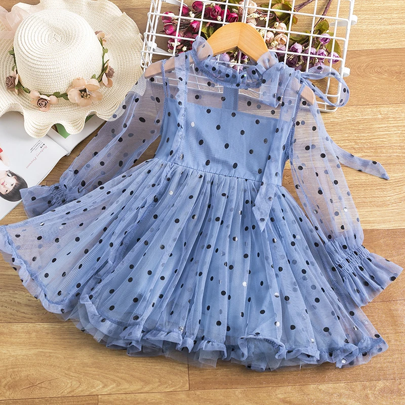 

Girls Chiffon Lace Mesh Princess Dress For Kids Polka Dot Tutu Puffy Full Sleeve Summer Children Elegant Wedding Party Clothes