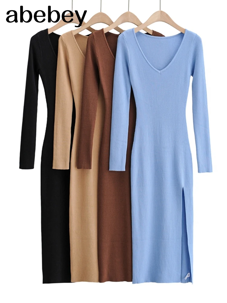 

fashion women solid elegant v neck sweater dress long sleeve ladies side open midi dress 4P20