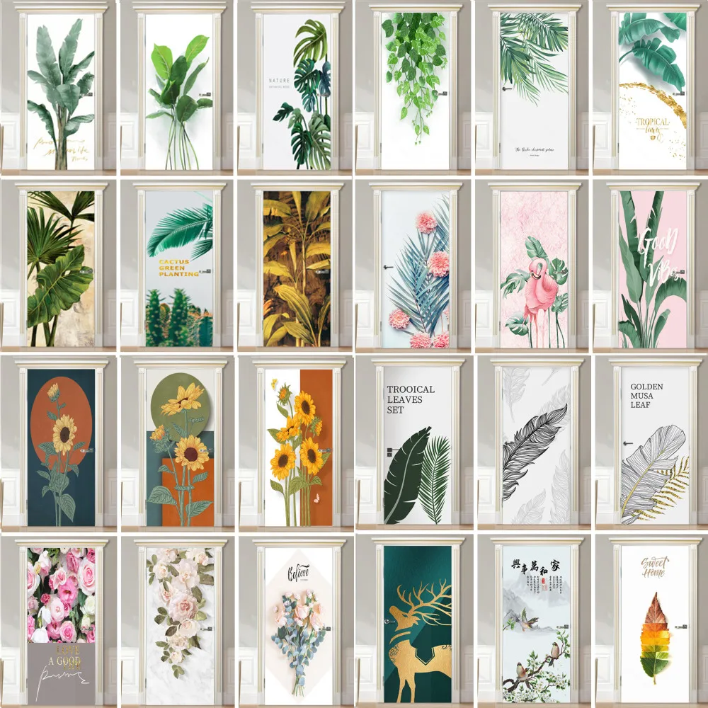 

Green Palm Leaf Door Sticker Self-Adhesive Wallpaper Sunflower Photo Cover Bedroom Entrance Poster Furniture Decal Home Design