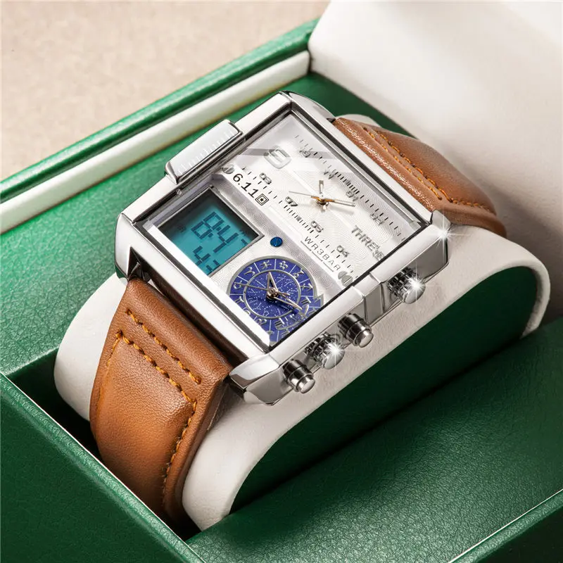 

6.11 New Men Watch Top Brand Luxury leather Square Multiple Time Zones Watch Men Fashion Chronograph LED Male Wrist Watch