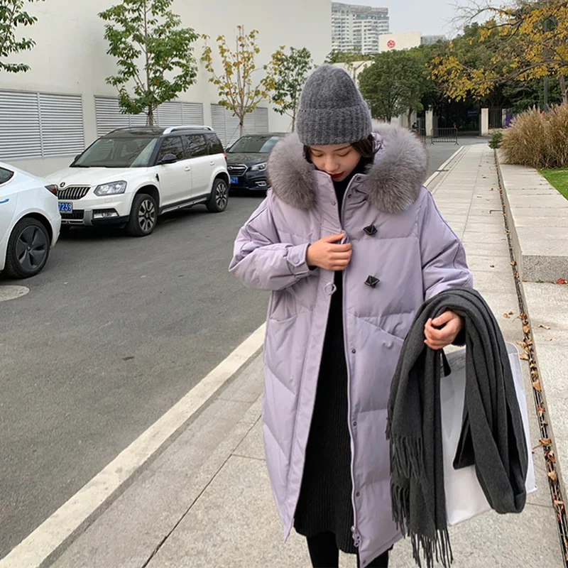Women Button Decor Hooded Thick Zipper Coats Outerwear Fashion Winter Warm Faux Fur Collar Long Parkas Jackets for Female 2021