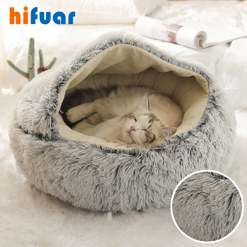 

Лежанка для домашних животных, зимняя длинная плюшевая круглая подушка для кошек, домик для кошек 2 в 1, теплый лежак корзина для кошек, Лежан...