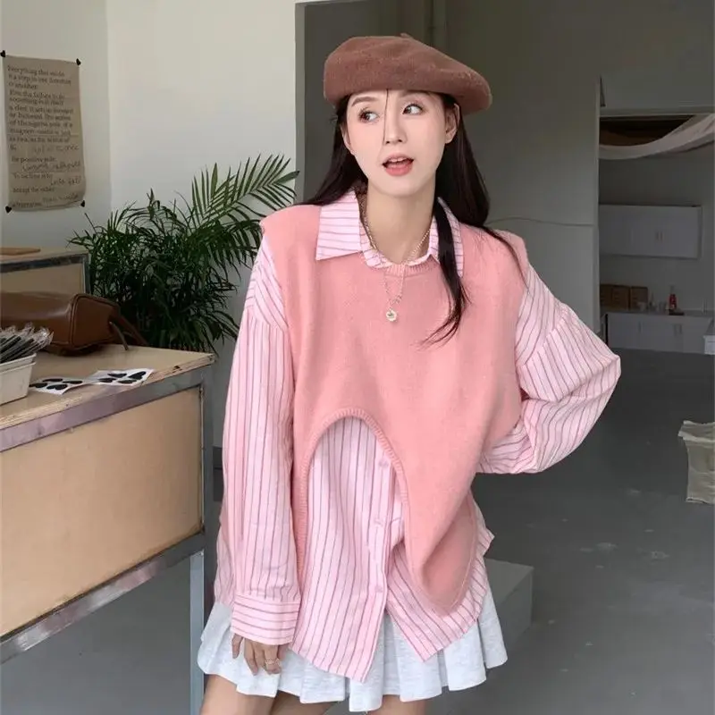 

EBAIHUI Women Set Irregular Design Knitted Vest Ladies Striped Shirt Two Piece Set Spring Autumn Loose Long Sleeve Two Piece Set