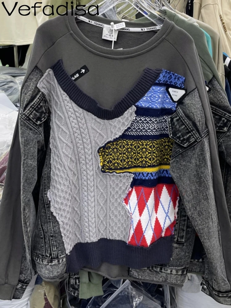

Vefadisa 2023 Autumn Round Neck Sweatshirt Loose Knitting Splicing Two Fake Pieces Leisure Sweatshirt Fashion Women's LHX3599