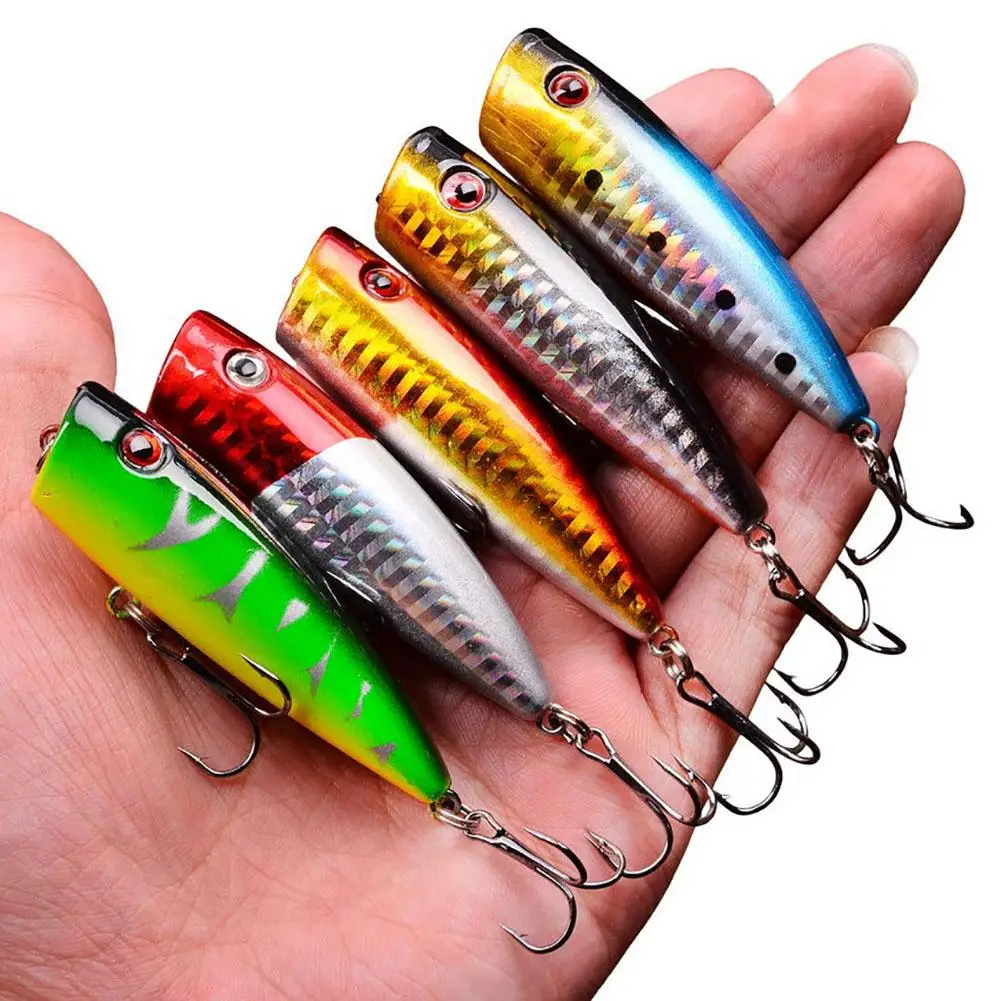 

5pcs Popper Fishing Lures With Treble Hooks Topwater Artificial Fishing Baits Swimbait Crankbait For Freshwater Saltwatern New