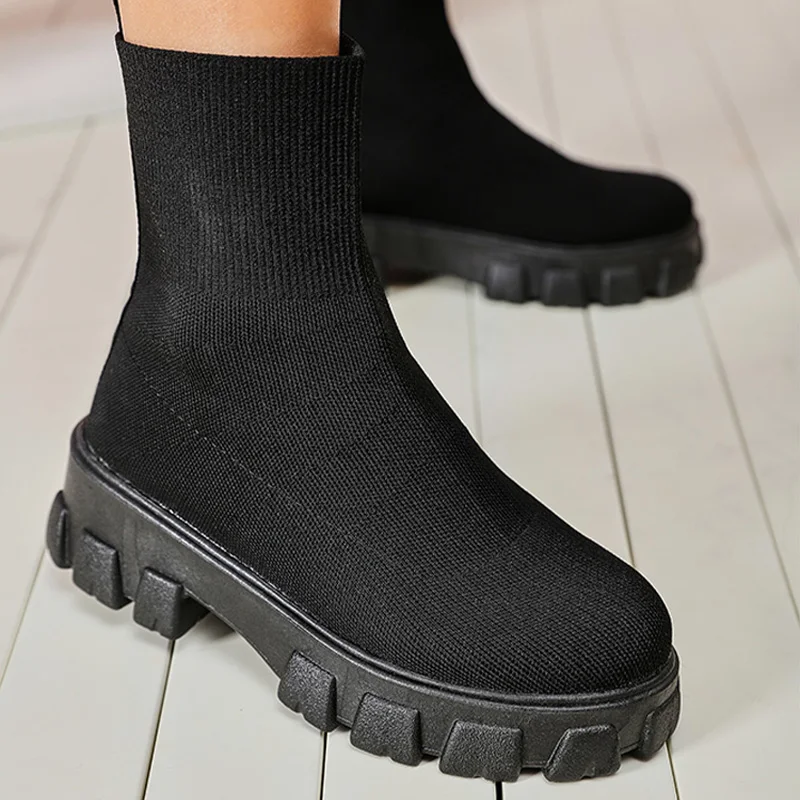 Platform Shoes Women's Fashion Ankle Boots Thick Bottom Casual Shoes Walking Short Boots Autumn Winter Socks Boots