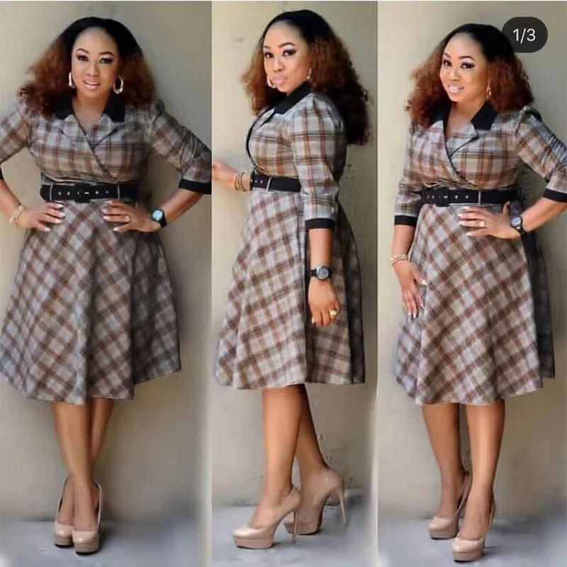 

African plus Size Women Dresses Plaid Polo Collar Large Swing Dress for Ladies