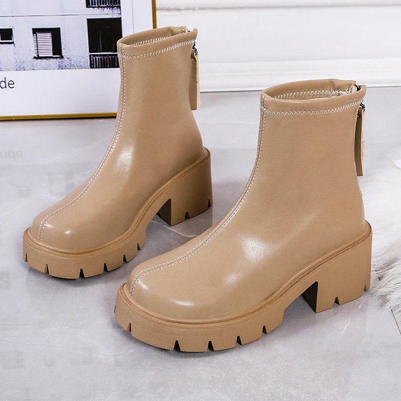 

2023 New Women's Boots Round Head Zipper Short Boots Fashion Trend Casual Boots Square Root PU Solid Color Women's Boots