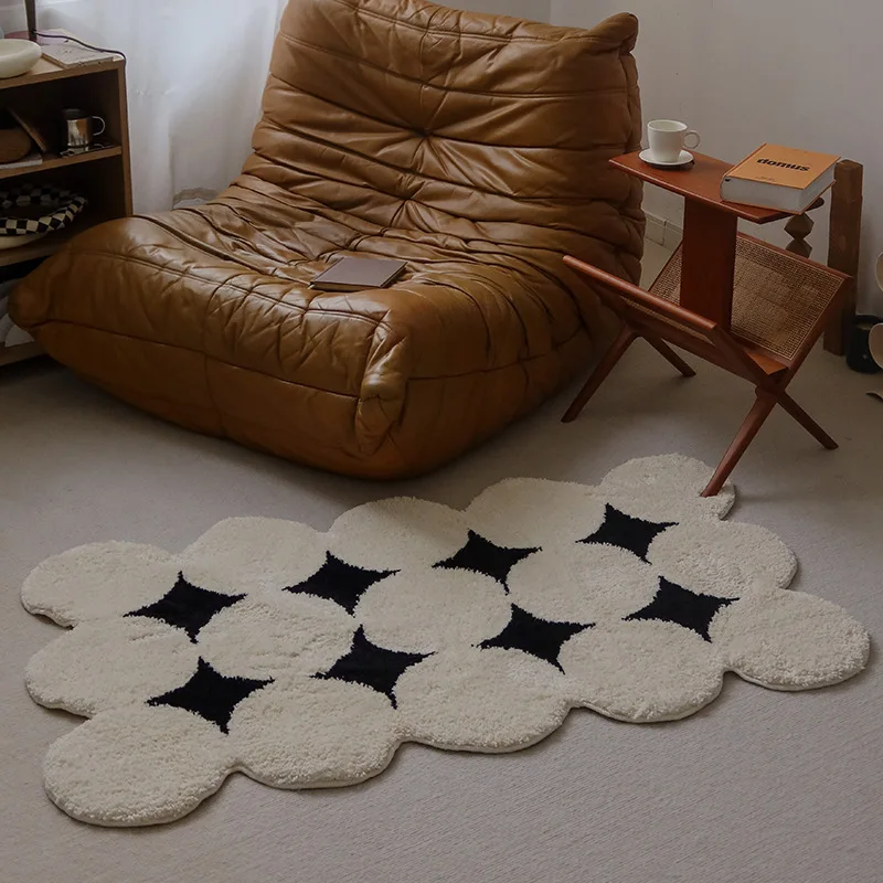 

Vintage Tufting Black White Rug Soft Fluffy Bedside Bedroom Carpet Plushy Area Floor Pad Doormat Aesthetic Home Room Decor