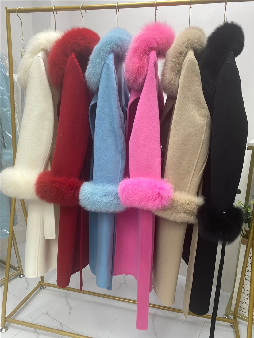 2022 Real Fur Coat Women Winter Jacket Natural Fox Fur Collar Cashmere Wool Blends Long Outerwear Ladies Streetwear Elegant New enlarge