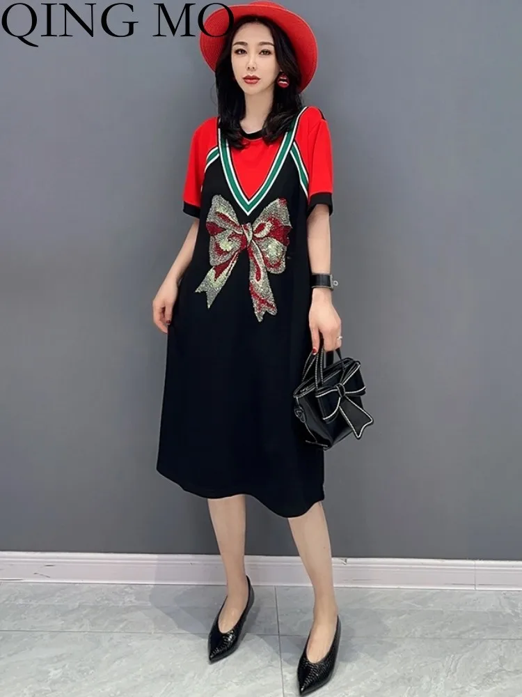 

QING MO 2023 Spring Summer New Fashion Fake Two Piece Color Block Dress Women Knee Length Casual Versatile Women ZXF2138