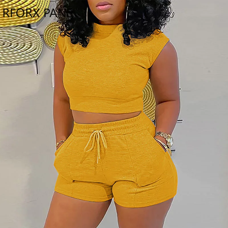 

Women Solid Chic Round Neck Tank Elastic Waist Cami Crop Mini Sexy Short Sets