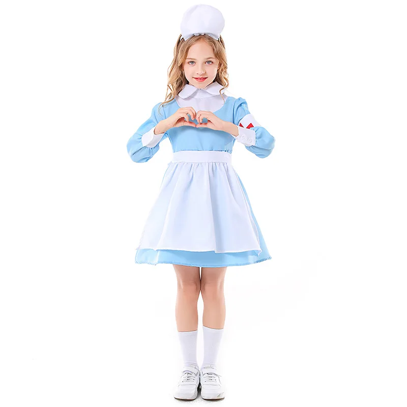

Kids Cosplay Costumes Girls Nurse Uniforms Fancy toddler halloween Role Play Party Blue Maid Apron Dress