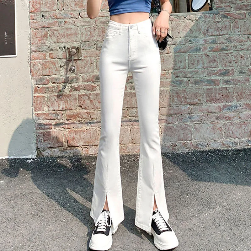 

Женские расклешенные джинсы с передним разрезом, обтягивающие и увеличивающие рост брюки-клеш с эластичным поясом, новинка весны 2023