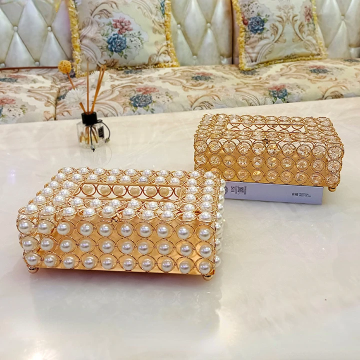 

Luxury Ins Gold-plated Iron Handmade Tissue Box Crystal Gold Transparent Living Room Storage Drawer Box
