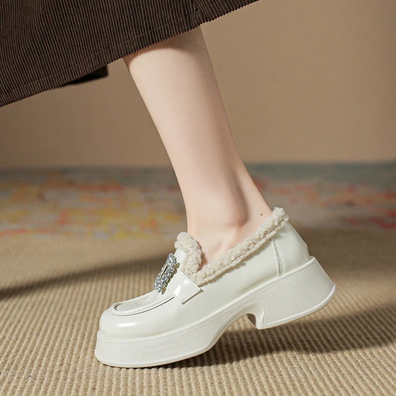 

Туфли женские с мехом, повседневные кроссовки, оксфорды, платформа, без застежки, круглый носок, криперы, кожа, клоги, лоферы, осень