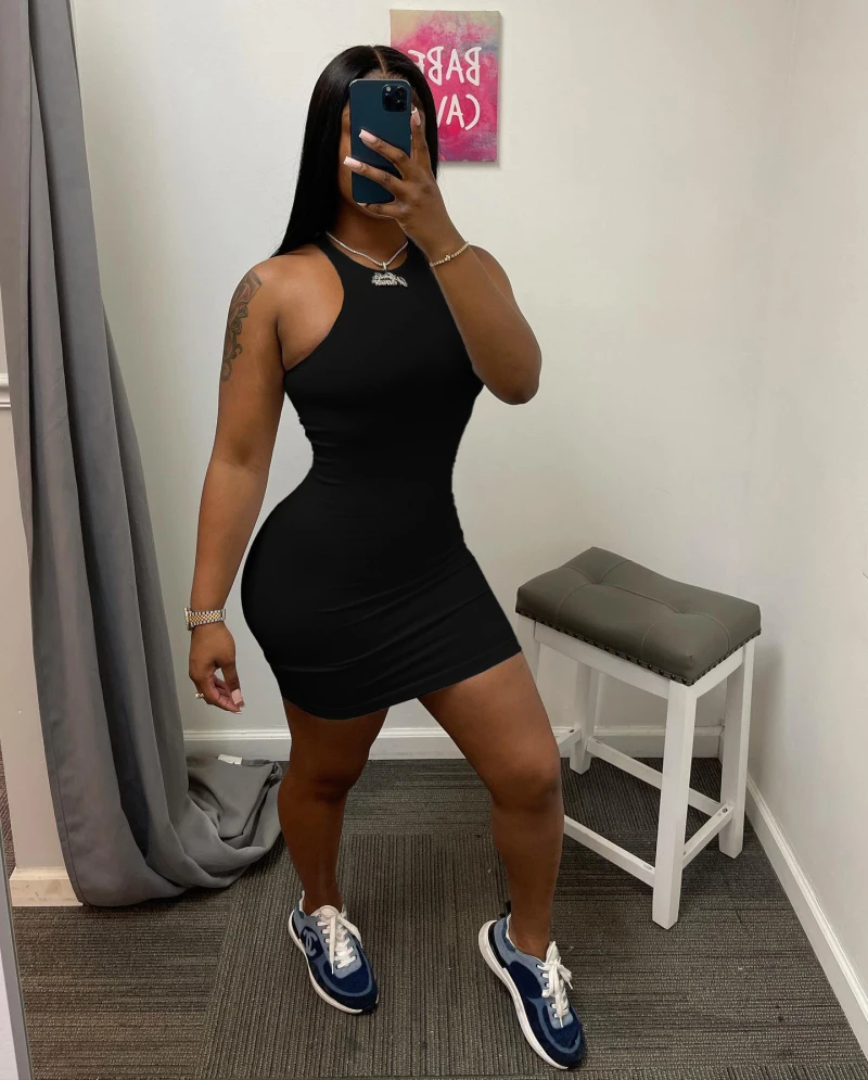 

High Waist Sleeveless Solid Hip Wrapping Dress Summer Sexy Backless Tank Mini Slim Dresses For Ladies