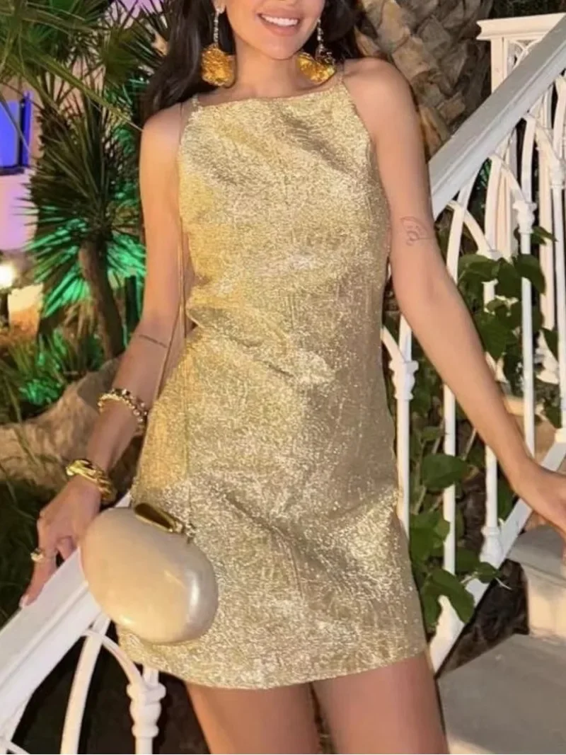 Новинка 2024 модное блестящее сексуальное платье летнее золотистое облегающее