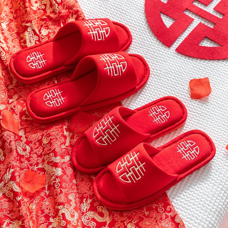 

2022 Freetie Official Store Slipper Man Summer Home Indoor Festive Red Home Love Spring Autumn Wedding Happy Word Dowry Couple