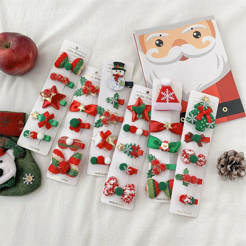 

5pcs Europe Style Hairpin for Baby Girls Christma Tree Bow Whiteball Lovely Hair Clip Bang Side Clip Baby Girl Hair Accessories