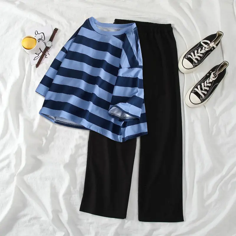 

Women 2022 Summer Sets Fashion Striped T-shirt and Elastic-waist Wide-leg Trousers Female Casual Comfortable 2 Piece Suit J87