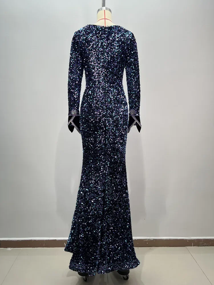 Новинка 2024 женское сексуальное платье макси с длинным рукавом и бриллиантами
