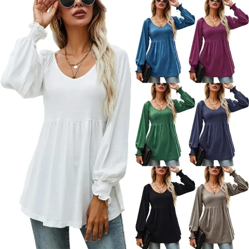 

Womens Clothing Casual Long Sleeve Blouse V Neck Autumn Tee T Shirts with Pleated Flare Hem Puff Sleeve Tunic with Smocked Cuffs