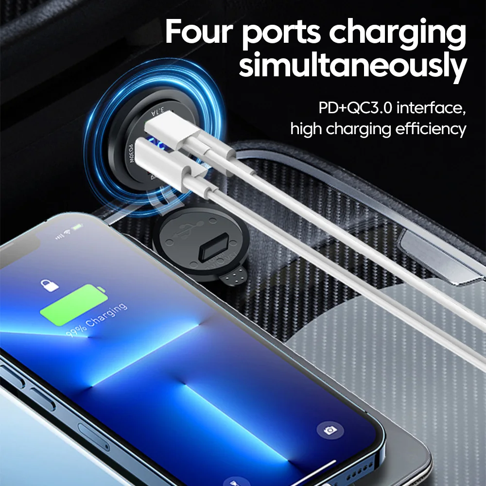 Фото 4 в 1 PD30W Автомобильное зарядное устройство с цифровым дисплеем USB Type C Зарядное устройство Адаптер прикуривателя для 12 В/24 В/автомобиля/мотоцикла №3