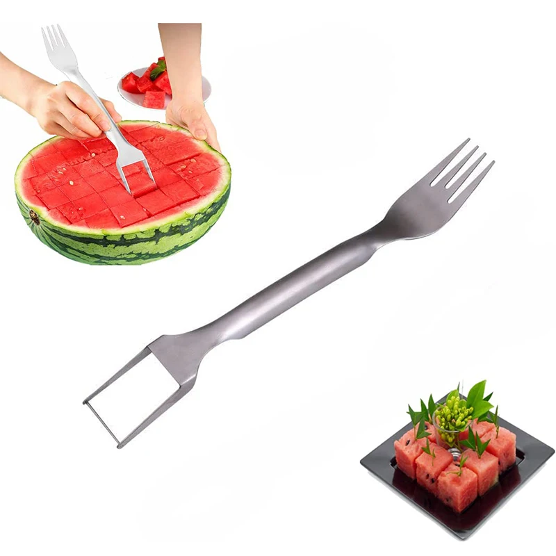 

2 In 1 Watermelon Fork Slicer Multi-purpose Watermelon Slicer Cutter Knife Dual Head Stainless Steel Kitchen Fruit Cutting Fork