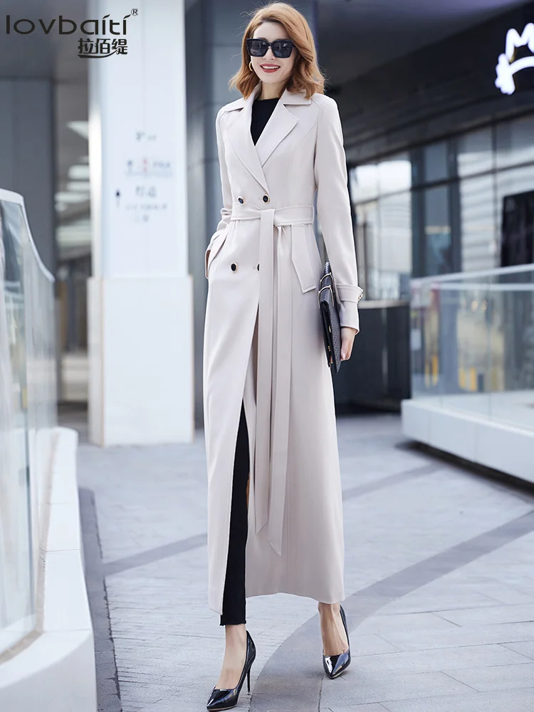 

2023 Spring and Autumn New Trench Suit Collar Long Above Knee Slim Fit Show Thin Temperament Off White This Year's Popular Coat