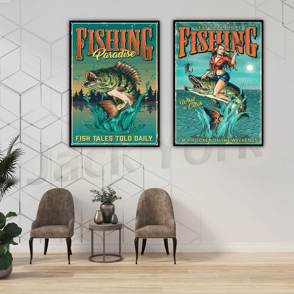 

Retro Fishing Artwork Poster Prints Fun Fishing Man Cave Wall Art Home Decor Pictures