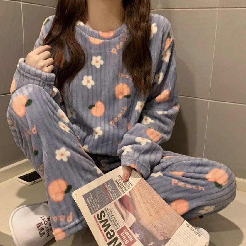 Free-shipping Winter Warm Pajamas Women Flannel Printed Coral Fleece Long Sleeve Thicken Sleepwear Pants Loungewear Home Wear
