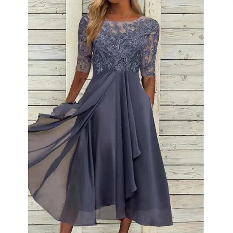 

2022 Dress Chiffon Splice Lace Hollow out Long Dress Bridesmaid Evening Dress Women's Dress