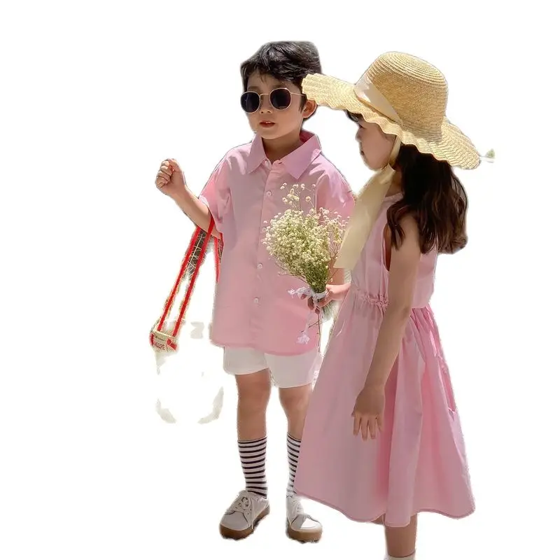 

Children's Dresses 2022 Summer New Korean Boys Girls Shirts Skirts Brothers and Sisters Children's Solid Color