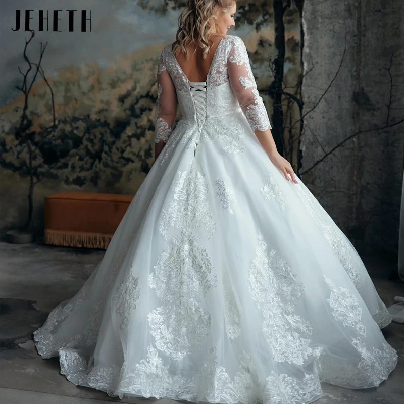 

JEHETH Elegant Plus Size Wedding Dresses Classic O-Neck Lace Appliques Bridal Gowns Vintage Long Sleeves A-Line vestido de noiva