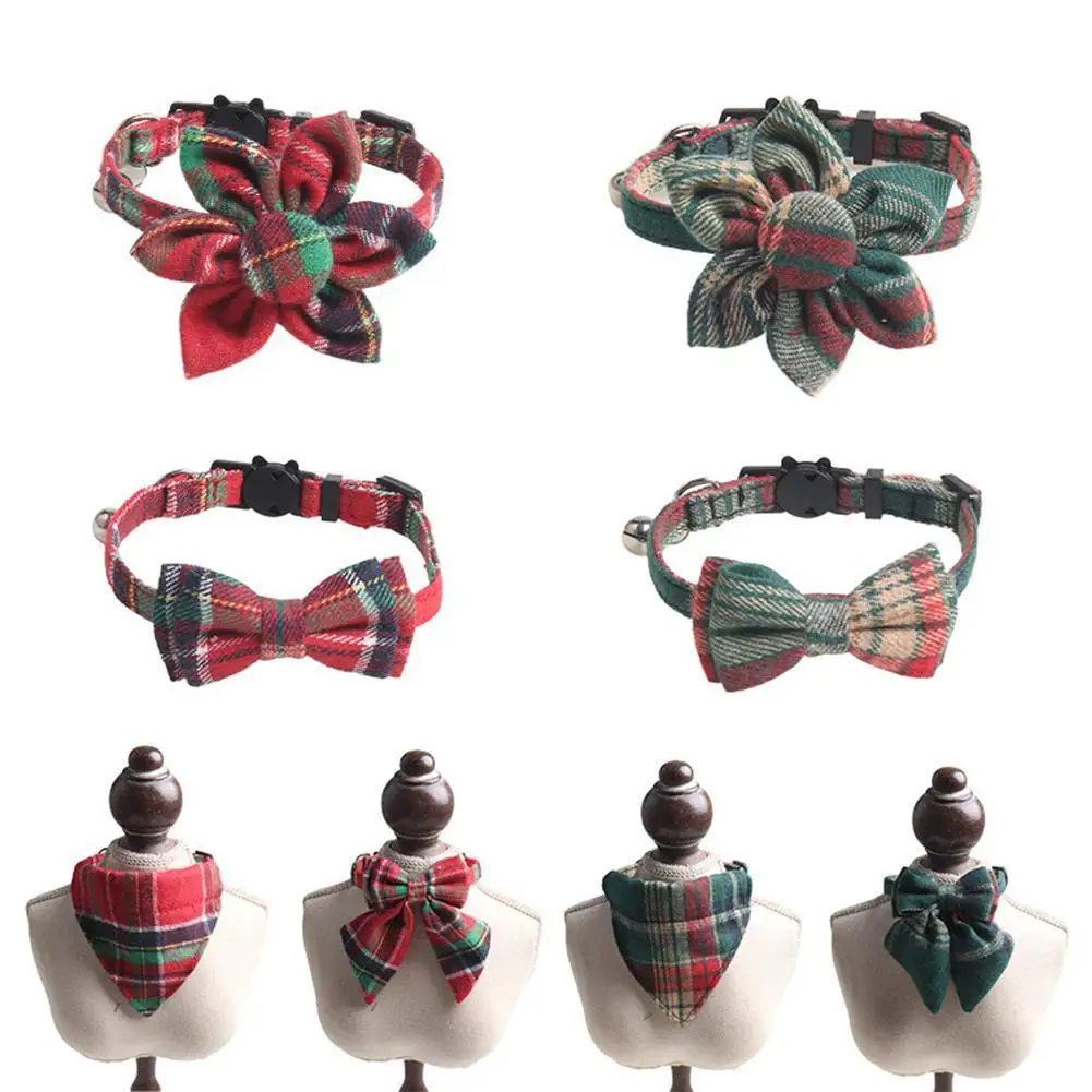 

2022 New Pet Cat Plaid Collar With Bells Bow Sun Flower Necklace Pet Neck Accessories With Quick-release Buckle