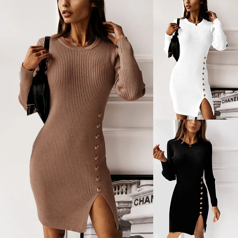 

Женское модное однотонное платье с длинным рукавом и высоким воротником, украшенное пуговицами и разрезом