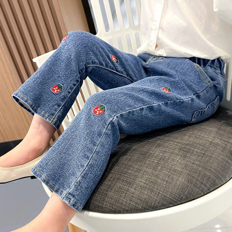 

Джинсы дикие для девочек, эластичные брюки с зернистой фактурой, весна 2023, детские джинсовые свободные брюки для девочек, детские брюки