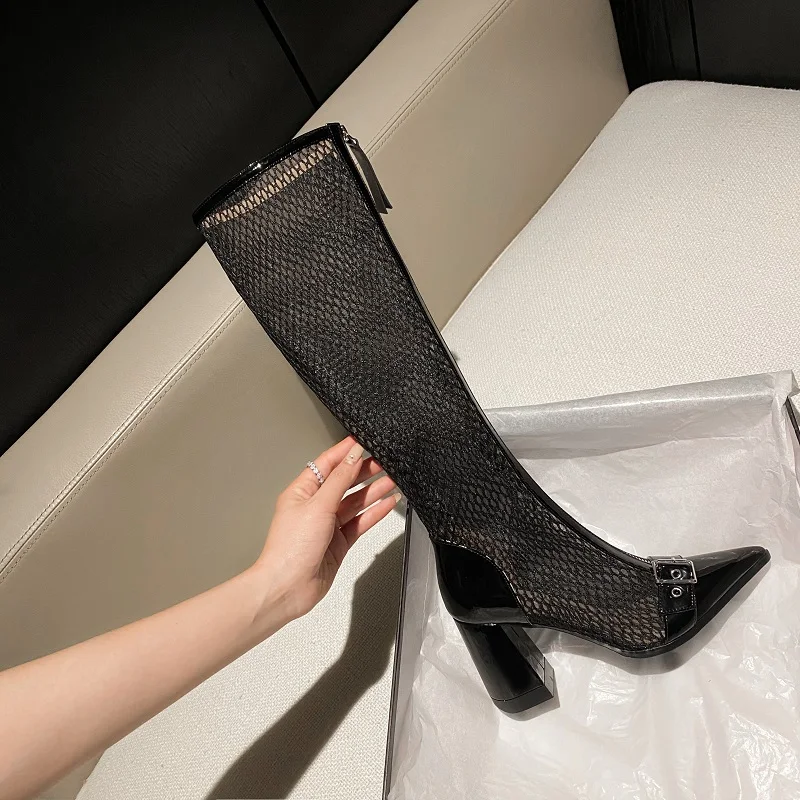 Женские ботинки до бедра летние дышащие с острым носком и пряжкой в стиле пэчворк