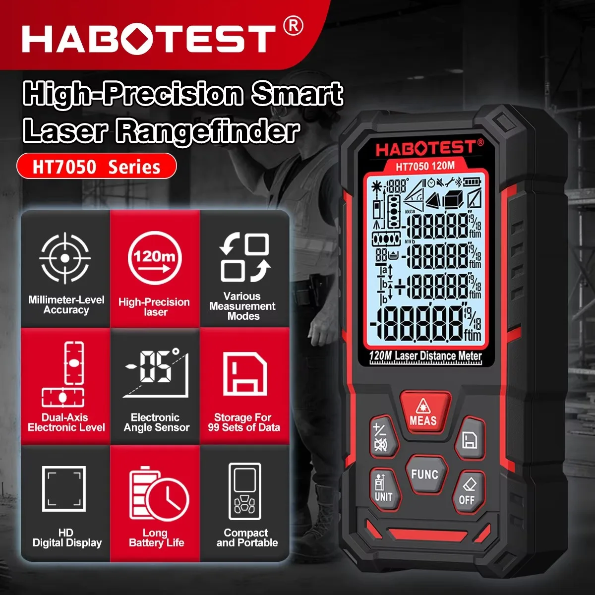 Фото Лазерный дальномер HABOTEST HT7050 50м/80м/120м, цифровой лазерный измеритель расстояния, площади и объема, портативный инструмент для измерения №1