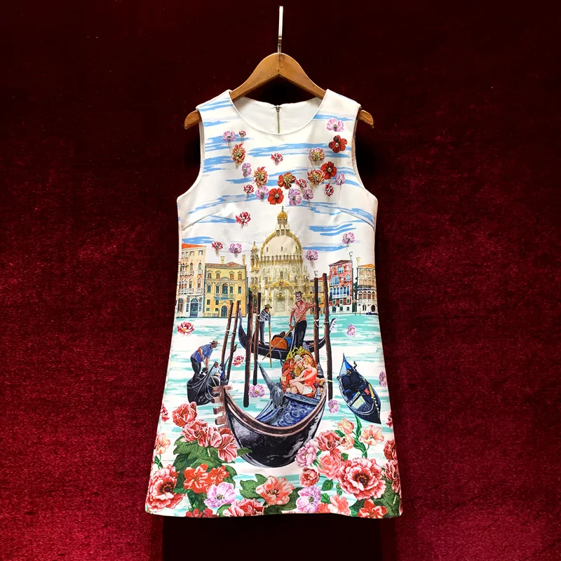 

Женское Короткое платье без рукавов, винтажное подиумное платье-трапеция с бисером и принтом масляных красок, короткое праздвечерние чное ...