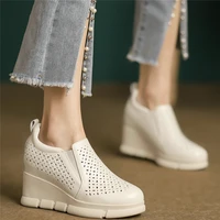 hollow fashion sneakers women genuine leather wedges high heel ankle boots female summer round toe platform pumps casual shoes