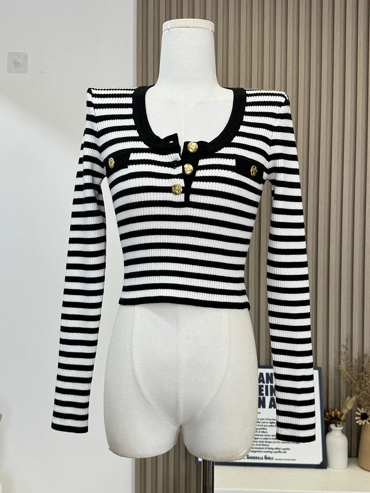 Зимний женский полосатый винтажный тонкий трикотаж с длинным рукавом