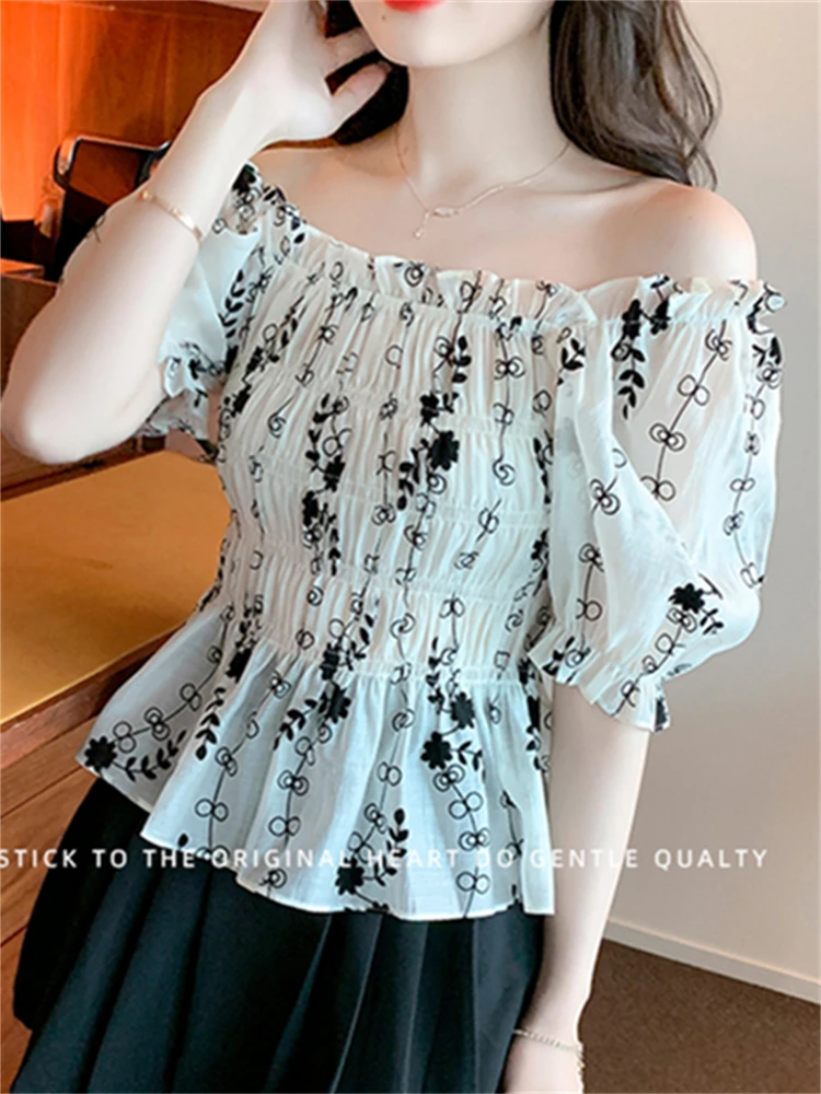 

2022 Summer New Korean Style Slim Fit Slash Neck Short Sleeve Flocking Blouse Floral Tops Women's Shirt 6292
